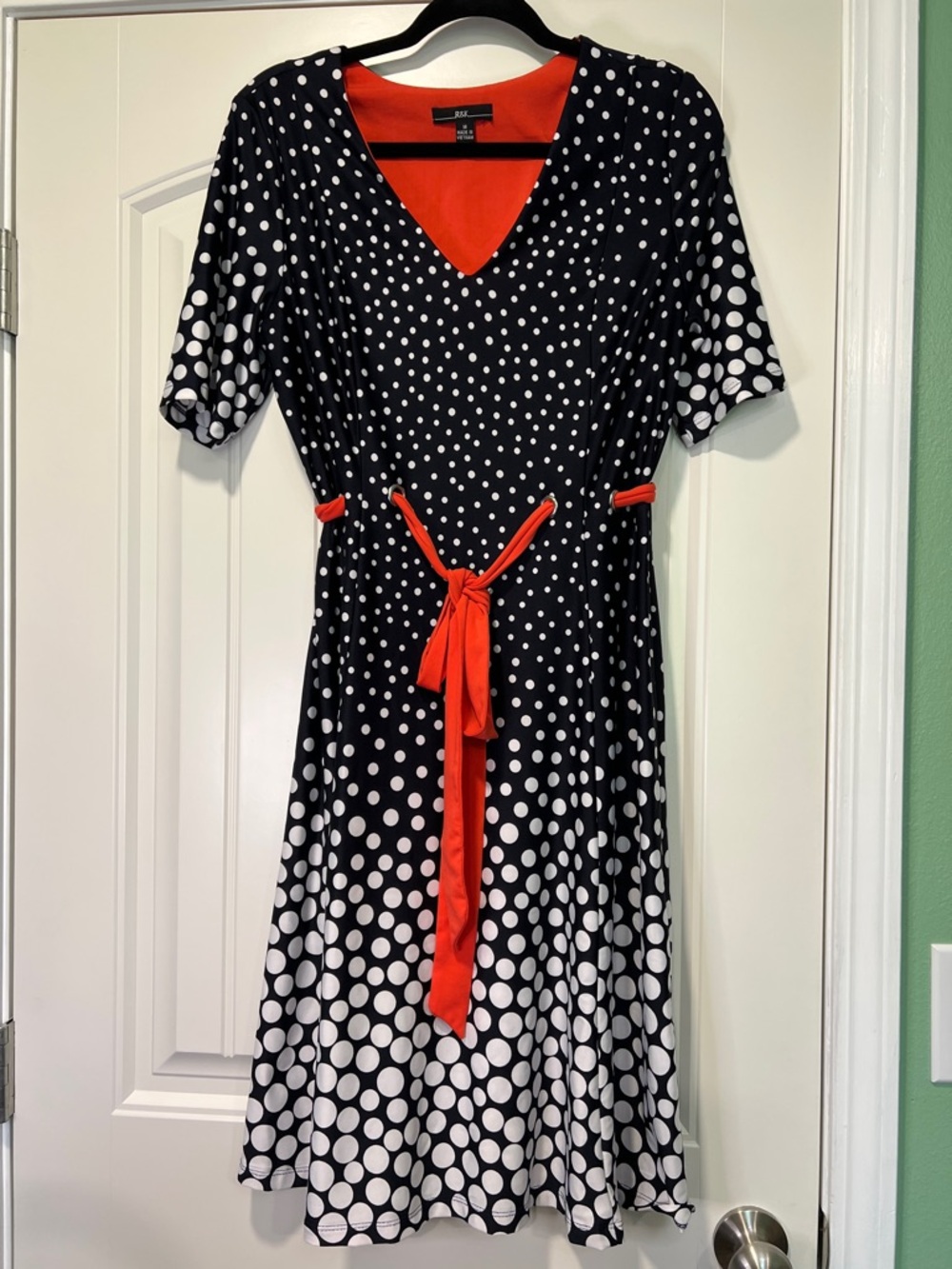 R&K Black & White Polka Dot Midi Dress with Red Accents